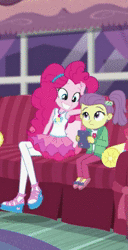Size: 352x690 | Tagged: suggestive, derpibooru import, edit, screencap, lily pad (equestria girls), pinkie pie, equestria girls, equestria girls series, pinkie sitting, animated, caption, female, fifteen.ai, image, out of context, sound only, text, webm, young
