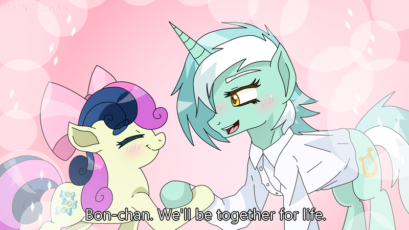 Size: 1920x1080 | Tagged: safe, artist:mainii-chan, derpibooru import, bon bon, lyra heartstrings, sweetie drops, pony, anime, blushing, clothes, female, image, lesbian, lyrabon, parody, png, shipping, subtitles