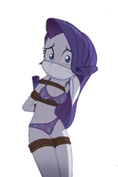 Size: 576x862 | Tagged: suggestive, artist:radiantrealm, derpibooru import, edit, rarity, equestria girls, background removed, bondage, bound and gagged, bra, breasts, cloth gag, clothes, female, femsub, gag, image, panties, png, rarisub, rope, rope bondage, simple background, solo, submissive, tied up, transparent background, underwear