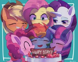 Size: 3997x3191 | Tagged: safe, artist:lexiedraw, derpibooru import, applejack, fluttershy, pinkie pie, rainbow dash, rarity, twilight sparkle, pony, birthday cake, blushing, cake, eyes closed, food, group hug, happy birthday, hug, image, mane six, png, rainbow dash day, rainbow dash's birthday