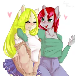 Size: 3085x3000 | Tagged: safe, artist:yukomaussi, derpibooru import, oc, oc:lemony light, unofficial characters only, anthro, pegasus, pony, unicorn, blushing, clothes, cute, eye clipping through hair, eyebrows visible through hair, eyelashes, eyes closed, female, heart, horn, image, jacket, lesbian, mare, oc x oc, off shoulder, open mouth, png, shipping, side hug, simple background, skirt, smiling, unicorn oc, white background