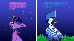 Size: 2560x1440 | Tagged: safe, artist:luc1g07ch1, derpibooru import, twilight sparkle, anthro, bird, blue jay, unicorn, aeroplanes and meteor showers, airplanes (song), crossover, crossover shipping, crying, female, image, male, meme, mordecai, mordetwi, png, redraw mordetwi meme, regular show, satire, shipping, signature, song reference, straight, unicorn twilight