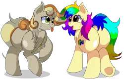 Size: 8300x5300 | Tagged: safe, artist:rainbowtashie, author:bigonionbean, derpibooru import, carrot top, derpy hooves, golden harvest, oc, oc:clumsy carrot, oc:rainbow tashie, earth pony, pegasus, pony, :p, adorable face, butt, commissioner:bigonionbean, cute, cutie mark, extra thicc, female, flank, fusion, fusion:clumsy carrot, image, mare, plot, png, simple background, tongue out, transparent background