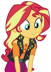 Size: 1941x2763 | Tagged: safe, artist:sketchmcreations, derpibooru import, sunset shimmer, equestria girls, equestria girls series, holidays unwrapped, spoiler:eqg series (season 2), c:, clothes, fascinated, female, geode of empathy, image, interested, jacket, leather jacket, looking at something, magical geodes, png, saving pinkie's pie, shoulderless, simple background, smiling, transparent background, vector