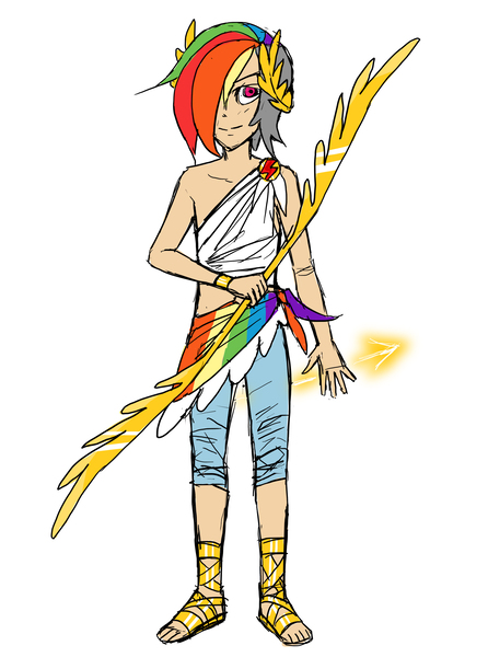 Size: 2600x3500 | Tagged: safe, artist:aritimas, derpibooru import, part of a set, rainbow dash, human, arrow, bow and arrow, bow (weapon), clothes, hair over one eye, humanized, image, jpeg, male, rainbow blitz, rule 63, sandals, simple background, solo, weapon, white background