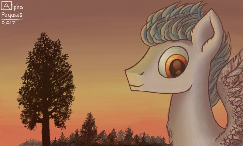 Size: 854x512 | Tagged: safe, artist:dreamyskies, artist:dreamyskiesarts, derpibooru import, oc, oc:niveous, pegasus, pony, 3ds, big eyes, bust, complex background, detailed, detailed background, forest, forest background, image, jpeg, looking at you, pegasus oc, pony oc, portrait, scenery, signature, smiling, spread wings, sunset, tree, wings