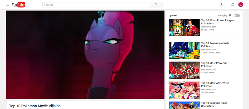 Size: 1349x596 | Tagged: safe, artist:paintanon, derpibooru import, edit, edited screencap, screencap, tempest shadow, pony, my little pony: the movie, broken horn, eye scar, horn, image, movie, png, pokémon, scar, shitposting, top 10 anime list parody, watchmojo.com, youtube