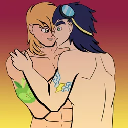 Size: 4500x4500 | Tagged: suggestive, anonymous artist, derpibooru import, big macintosh, soarin', human, abs, alternative cutie mark placement, cutie mark on human, gay, goggles, gradient background, humanized, image, jpeg, male, muscles, muscular male, shipping, shoulder cutie mark, simple background, soarmac