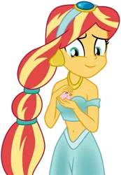 Size: 1024x1477 | Tagged: safe, artist:emeraldblast63, derpibooru import, sunset shimmer, bird, equestria girls, aladdin, bare shoulders, belly button, clothes, clothes swap, cosplay, costume, disney, disney princess, female, halloween, holiday, image, jasmine, png, simple background, transparent background