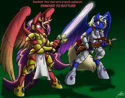 Size: 1280x1010 | Tagged: safe, artist:catmonkshiro, derpibooru import, oc, oc:gracious heart, oc:princess hotcakes, oc:radiant hotcakes, unofficial characters only, alicorn, anthro, unguligrade anthro, alicorn oc, armor, bow, breasts, clothes, dialogue, digital art, duo, female, horn, image, jpeg, loincloth, male, sword, tail, text, weapon, wings