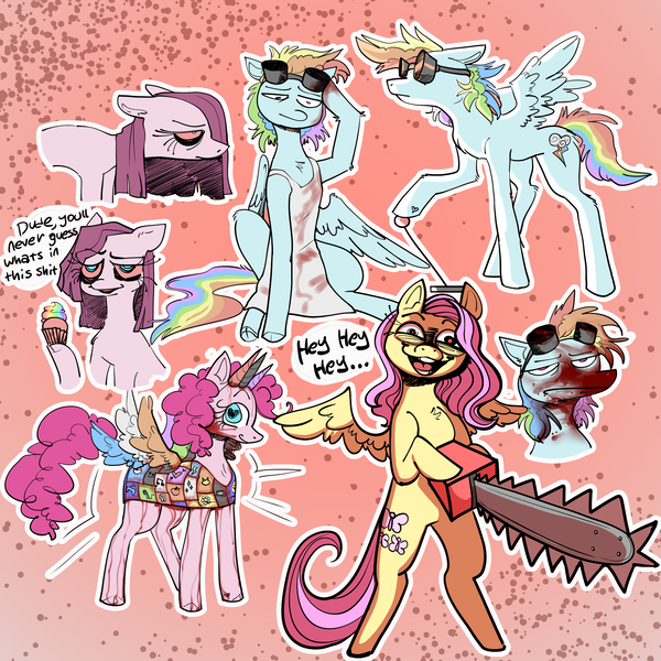 Size: 2800x2800 | Tagged: semi-grimdark, artist:thaspiciest, derpibooru import, fluttershy, pinkie pie, rainbow dash, earth pony, pegasus, pony, .mov, fanfic:cupcakes, fanfic:rainbow factory, shed.mov, apron, blood, blood on goggles, bloodshot eyes, chainsaw, clothes, creepypasta, cupcake, dialogue, fanfic art, fluttershed, food, goggles, heart eyes, image, lever, looking at you, pinkamena diane pie, png, rainbow cupcake, rainbow factory dash, red eyes, speech bubble, stay out of my shed, text, wingding eyes