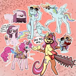Size: 2800x2800 | Tagged: semi-grimdark, artist:thaspiciest, derpibooru import, fluttershy, pinkie pie, rainbow dash, earth pony, pegasus, pony, .mov, fanfic:cupcakes, fanfic:rainbow factory, shed.mov, apron, blood, blood on goggles, bloodshot eyes, chainsaw, clothes, creepypasta, cupcake, dialogue, fanfic art, fluttershed, food, goggles, heart eyes, image, lever, looking at you, pinkamena diane pie, png, rainbow cupcake, rainbow factory dash, red eyes, speech bubble, stay out of my shed, text, wingding eyes
