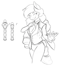 Size: 862x908 | Tagged: safe, artist:nudeknightart, derpibooru import, oc, oc:time spinner, anthro, earth pony, big hair, clothes, doctor who, image, monochrome, png, sketch, solo, sonic screwdriver, suit