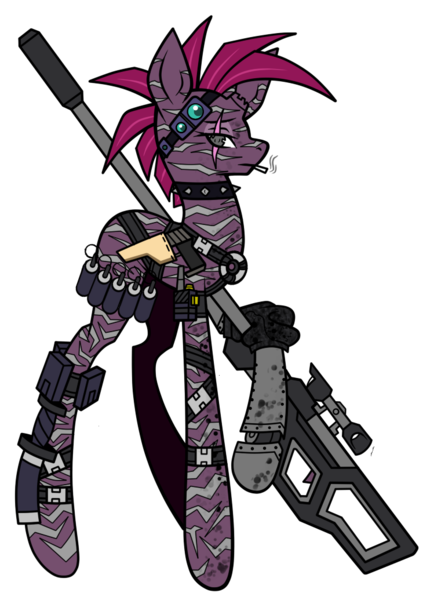 Size: 749x1035 | Tagged: safe, artist:j053ph-d4n13l, derpibooru import, fizzlepop berrytwist, tempest shadow, oc, oc:tempest stormblast, cyborg, pony, unicorn, alternate hairstyle, alternate universe, belt, broken horn, choker, cigarette, commission, eye scar, female, goggles, grenade, gun, handgun, holster, horn, image, knife, mare, missing cutie mark, pistol, png, post-apocalyptic, pouch, raised hoof, rifle, scar, simple background, smoke, smoking, sniper rifle, solo, spiked choker, transparent background, weapon