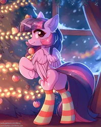 Size: 2383x3000 | Tagged: safe, artist:fensu-san, derpibooru import, twilight sparkle, twilight sparkle (alicorn), alicorn, pony, bipedal, blushing, butt, christmas, christmas tree, clothes, dock, female, frog (hoof), holiday, holly, image, looking at you, looking back, looking back at you, mare, mistletoe, mouth hold, ornament, plot, png, signature, smiling, snow, snowfall, socks, solo, striped socks, tree, twibutt, underhoof, window