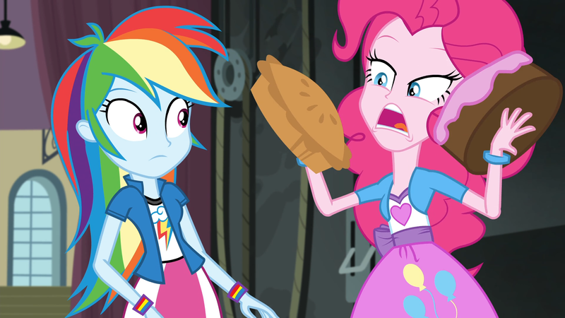 Size: 1920x1080 | Tagged: safe, derpibooru import, screencap, pinkie pie, rainbow dash, equestria girls, friendship games, cake, duo, female, food, image, pie, pinkie being pinkie, png