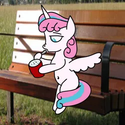 Size: 666x666 | Tagged: safe, alternate version, artist:whistle blossom, derpibooru import, princess flurry heart, alicorn, pony, belly button, bench, female, filly, foal, image, irl, mcdonald's, mcflurry, older, older flurry heart, photo, png, ponies in real life, sitting, solo