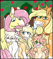 Size: 895x1000 | Tagged: safe, artist:fastserve, derpibooru import, applejack, fluttershy, oc, oc:aurora gala, oc:honey crisp, oc:jonagold, earth pony, pegasus, pony, apple, apple tree, appleshy, colt, family, family photo, female, filly, food, hug, image, lesbian, magical lesbian spawn, male, offspring, parent:applejack, parent:fluttershy, parents:appleshy, png, shipping, smiling, spread wings, tree, winghug, wings