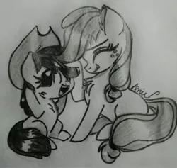 Size: 3040x2878 | Tagged: safe, artist:c.a.m.e.l.l.i.a, derpibooru import, apple bloom, applejack, earth pony, black and white, cute, female, grayscale, image, jpeg, monochrome, siblings, simple background, sisters, traditional art, white background