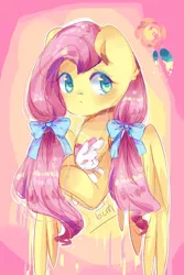 Size: 900x1350 | Tagged: safe, artist:cheerymoon2017, derpibooru import, angel bunny, fluttershy, pegasus, pony, rabbit, animal, bow, bust, cute, duo, ear fluff, female, hair bow, image, jpeg, male, mare, pigtails, shyabetes, twintails