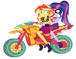 Size: 2733x2117 | Tagged: safe, artist:jcpreactyt, derpibooru import, sci-twi, sunset shimmer, twilight sparkle, equestria girls, biker, female, girlfriend, image, lesbian, motorcycle, png, scitwishimmer, shipping, simple background, sunsetsparkle, transparent background