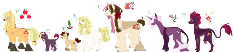 Size: 6702x1500 | Tagged: safe, artist:0tinybitobsessive0, derpibooru import, applejack, fizzlepop berrytwist, tempest shadow, oc, oc:crispin, oc:goldrush, oc:jubilee, oc:keepsake, oc:sundance, earth pony, pony, unicorn, broken horn, colt, family, female, horn, image, lesbian, magical lesbian spawn, male, mare, offspring, parent:applejack, parent:tempest shadow, parents:tempestjack, png, shipping, simple background, stallion, tempestjack, transparent background