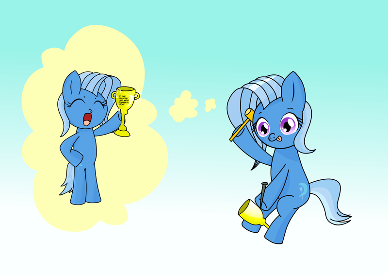 Size: 2000x1414 | Tagged: safe, artist:scribbles151, derpibooru import, trixie, earth pony, :p, bipedal, earth pony trixie, eyes closed, hammer, image, nail, open mouth, png, race swap, solo, tongue out, trophy