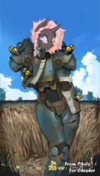 Size: 925x1623 | Tagged: safe, artist:photy, derpibooru import, oc, unofficial characters only, anthro, pony, unicorn, armor, cloud, commission, detailed background, fallout, fallout 4, glasses, image, jpeg, power armor, shading, sky, solo, wheat field