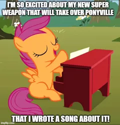 Size: 500x520 | Tagged: safe, derpibooru import, edit, edited screencap, editor:icey-wicey-1517, screencap, scootaloo, pegasus, pony, the show stoppers, boom beach, caption, cropped, dr t, eyes closed, female, filly, image, image macro, imgflip, jpeg, meme, musical instrument, open mouth, piano, playing, solo, text