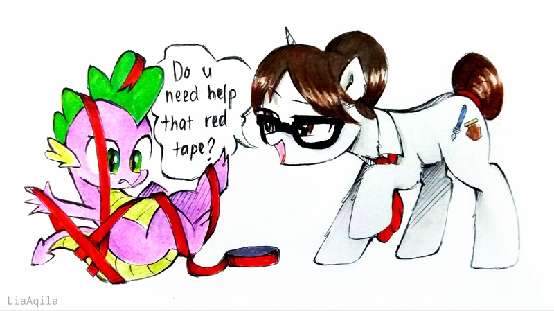 Size: 3884x2179 | Tagged: safe, artist:liaaqila, derpibooru import, raven, spike, dragon, pony, unicorn, commission, cute, duct tape, female, glasses, grammar error, hair bun, image, interspecies, jpeg, male, mare, necktie, older, older spike, ravenbetes, ravenspike, red tape, secretary, shipping, spikabetes, straight, stuck, tape, traditional art, winged spike