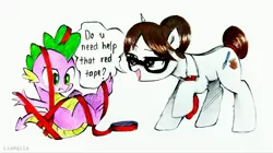 Size: 3884x2179 | Tagged: safe, artist:liaaqila, derpibooru import, raven, spike, dragon, pony, unicorn, commission, cute, duct tape, female, glasses, grammar error, hair bun, image, interspecies, jpeg, male, mare, necktie, older, older spike, ravenbetes, ravenspike, red tape, secretary, shipping, spikabetes, straight, stuck, tape, traditional art, winged spike