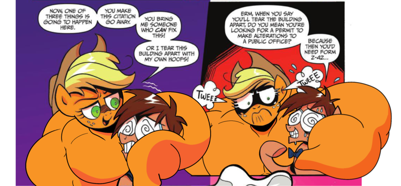 Size: 2337x1086 | Tagged: safe, artist:broozerpunch, derpibooru import, edit, idw, applejack, tadwell, friends forever, spoiler:comic, spoiler:comicff15, applejacked, comic edit, image, muscle edit, muscles, overdeveloped muscles, png, swirly glasses