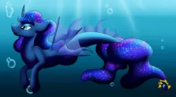 Size: 3285x1825 | Tagged: safe, artist:calamity-studios, derpibooru import, princess luna, alicorn, merpony, pony, blue eyes, bubble, clothes, colored pupils, crepuscular rays, dorsal fin, ethereal mane, female, fin wings, fins, fish tail, flowing mane, flowing tail, horn, image, jpeg, lidded eyes, logo, ocean, seaponified, seapony luna, see-through, smiling, solo, species swap, starry mane, starry tail, sunlight, swimming, tail, underwater, water, wings