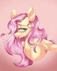 Size: 1080x1350 | Tagged: safe, artist:ulnessity, derpibooru import, fluttershy, pegasus, pony, bedroom eyes, bust, ear fluff, eyelashes, female, gradient background, image, jpeg, mare, solo, tongue out, wings