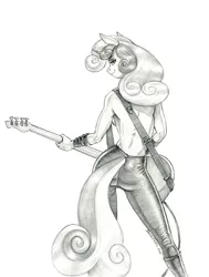 Size: 1000x1321 | Tagged: suggestive, artist:baron engel, derpibooru import, sweetie belle, anthro, pony, unicorn, breasts, clothes, female, guitar, image, jpeg, looking back, mare, monochrome, musical instrument, older, older sweetie belle, partial nudity, pencil drawing, sideboob, solo, topless, traditional art