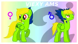 Size: 1024x576 | Tagged: safe, artist:amgiwolf, derpibooru import, oc, oc:viexy ams, unofficial characters only, pegasus, pony, duo, eyelashes, female, image, looking back, male, mare, pegasus oc, png, raised hoof, rule 63, self ponidox, simple background, stallion, transparent background, wings