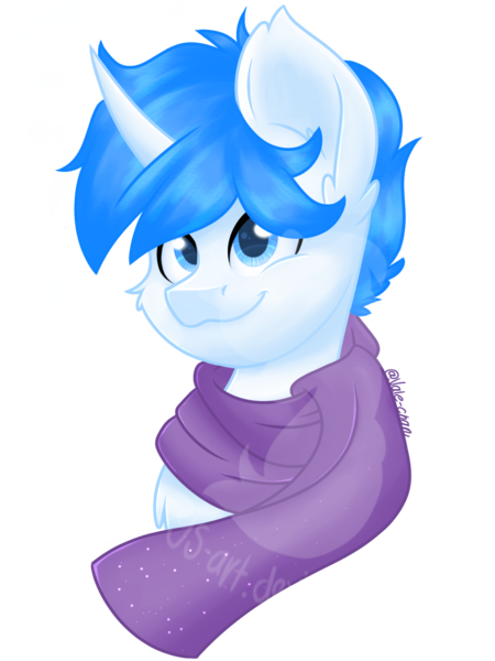 Size: 1080x1440 | Tagged: safe, artist:silentwolf-oficial, derpibooru import, oc, unofficial characters only, pony, unicorn, bust, clothes, horn, image, png, scarf, signature, simple background, smiling, solo, transparent background, unicorn oc, watermark