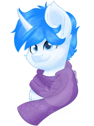 Size: 1080x1440 | Tagged: safe, artist:silentwolf-oficial, derpibooru import, oc, unofficial characters only, pony, unicorn, bust, clothes, horn, image, png, scarf, signature, simple background, smiling, solo, transparent background, unicorn oc, watermark