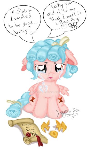 Size: 1280x2276 | Tagged: safe, artist:joy144sk, derpibooru import, cozy glow, pegasus, pony, crying, expelled, female, filly, floppy ears, grammar error, image, jpeg, sad, scroll, solo, tongue out