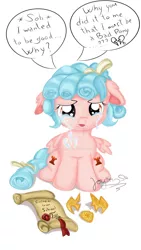 Size: 1280x2276 | Tagged: safe, artist:joy144sk, derpibooru import, cozy glow, pegasus, pony, crying, expelled, female, filly, floppy ears, grammar error, image, jpeg, sad, scroll, solo, tongue out