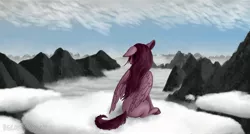 Size: 2440x1303 | Tagged: safe, artist:necromarecy, derpibooru import, oc, unofficial characters only, pegasus, pony, cloud, image, jpeg, mountain, on a cloud, rear view, scenery, sitting, sitting on cloud, solo