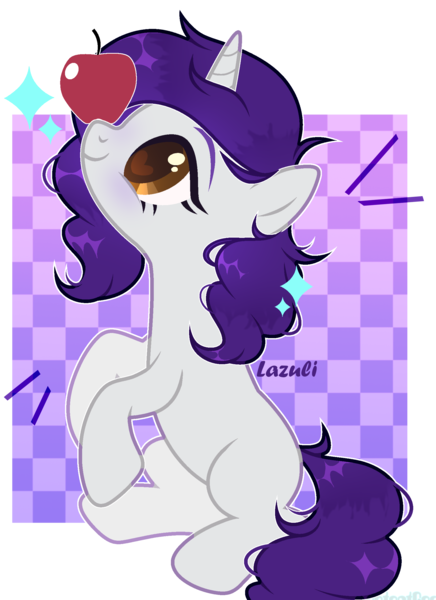 Size: 1704x2346 | Tagged: safe, artist:lazuli0209, derpibooru import, oc, unofficial characters only, pony, unicorn, apple, balancing, commission, eyelashes, food, heart eyes, horn, image, looking up, png, simple background, sitting, solo, transparent background, unicorn oc, wingding eyes, ych result