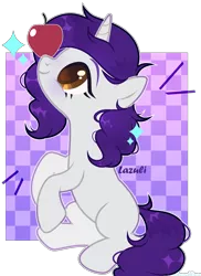 Size: 1704x2346 | Tagged: safe, artist:lazuli0209, derpibooru import, oc, unofficial characters only, pony, unicorn, apple, balancing, commission, eyelashes, food, heart eyes, horn, image, looking up, png, simple background, sitting, solo, transparent background, unicorn oc, wingding eyes, ych result
