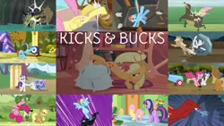 Size: 1978x1113 | Tagged: safe, derpibooru import, edit, edited screencap, editor:quoterific, screencap, applejack, basil, daring do, fluttershy, granny smith, harry, pinkie pie, rainbow dash, rarity, tom, twilight sparkle, bear, changeling, dragon, earth pony, pegasus, pony, unicorn, buckball season, daring don't, do princesses dream of magic sheep, dragonshy, fall weather friends, green isn't your color, lesson zero, look before you sleep, putting your hoof down, spike at your service, the return of harmony, angry, applejack's hat, cowboy hat, eyes closed, female, flying, golden oaks library, hat, image, kick, library, mane six, open mouth, party cannon, pillow, png