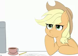 Size: 3514x2549 | Tagged: safe, artist:drawalaverr, derpibooru import, applejack, earth pony, pony, applejack's hat, book, coffee, cowboy hat, cup, eye clipping through hair, female, hat, image, jpeg, mare, missing freckles, pencil, simple background, solo, table, thermos, thinking, white background
