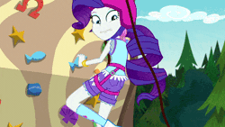 Size: 600x338 | Tagged: safe, derpibooru import, screencap, applejack, rarity, equestria girls, legend of everfree, animated, camp everfree outfits, gif, image, rock climbing, scared, super strength, text