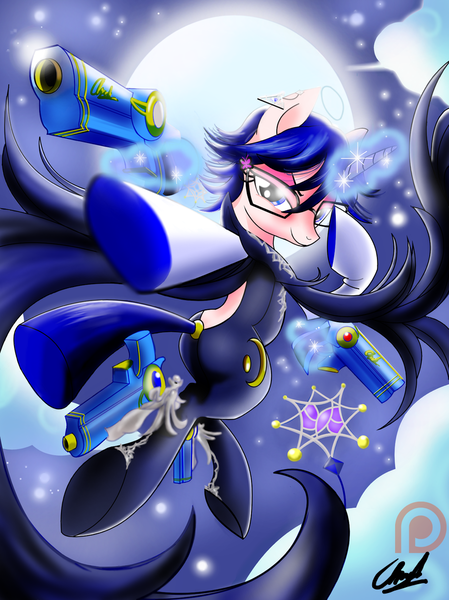 Size: 766x1024 | Tagged: safe, artist:succubi samus, derpibooru import, ponified, pony, unicorn, bayonetta, bayonetta (character), bayonetta 2, blaster, butt, clothes, cutie mark, ear piercing, earring, female, glasses, gun, image, jewelry, looking at you, love is blue, magic, moon, patreon, patreon logo, piercing, plot, png, solo, weapon