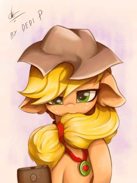 Size: 480x640 | Tagged: safe, artist:dedi-p-762, derpibooru import, applejack, earth pony, pony, cowboy hat, cute, female, floppy ears, gradient background, hat, image, jackabetes, jpeg, mare, simple background, solo