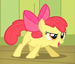Size: 1271x1080 | Tagged: safe, derpibooru import, screencap, apple bloom, pony, somepony to watch over me, confident, crouching, cute, female, filly, image, jpeg, narrowed eyes, open mouth, smiling, solo
