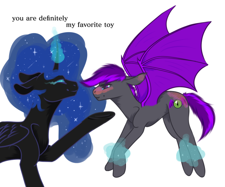 Size: 1200x1000 | Tagged: suggestive, artist:lebalisa, derpibooru import, nightmare moon, oc, oc:moonlight thunder, bat pony, pony, commission, female, image, magic, magic aura, male, mare, png, simple background, stallion, telekinesis, text, transparent background, ych result